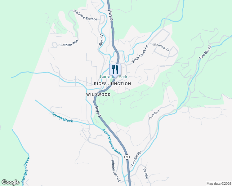map of restaurants, bars, coffee shops, grocery stores, and more near 290 Hoot Owl Way in Boulder Creek