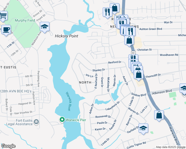 map of restaurants, bars, coffee shops, grocery stores, and more near 4 Iris Lane in Newport News