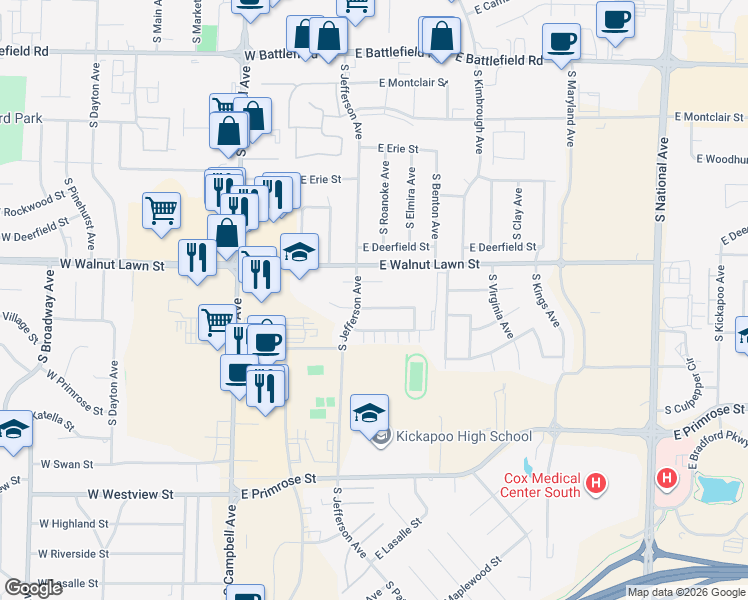 map of restaurants, bars, coffee shops, grocery stores, and more near 520 East Jewett Place in Springfield