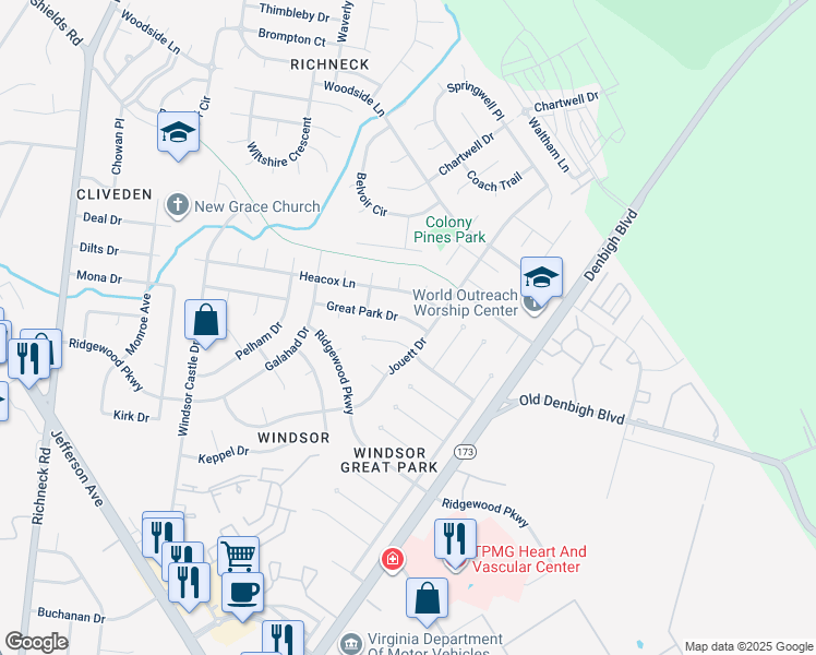 map of restaurants, bars, coffee shops, grocery stores, and more near 528 Great Park Drive in Newport News