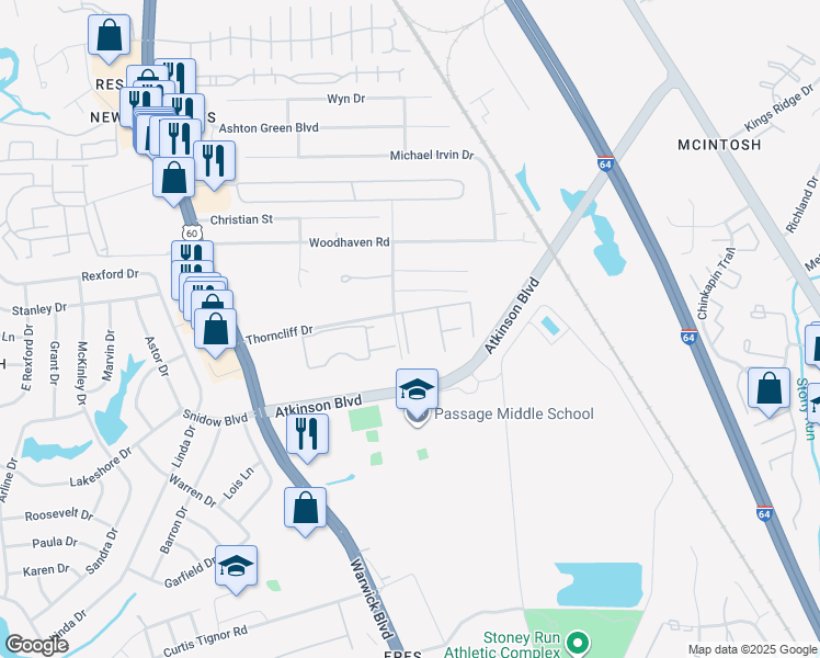 map of restaurants, bars, coffee shops, grocery stores, and more near 502 Thorncliff Drive in Newport News