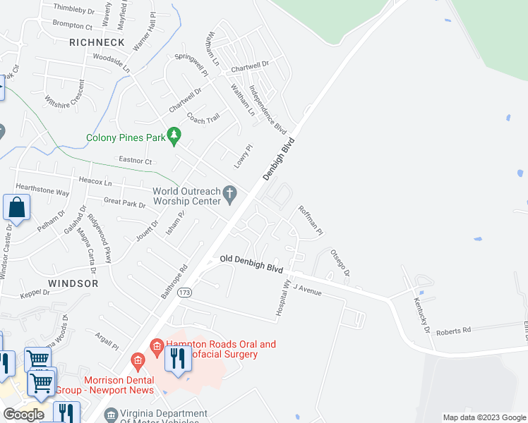 map of restaurants, bars, coffee shops, grocery stores, and more near 1211 Palmerton Drive in Newport News