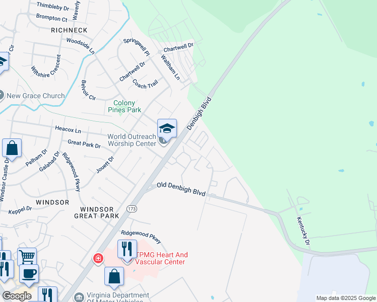 map of restaurants, bars, coffee shops, grocery stores, and more near 1211 Palmerton Drive in Newport News