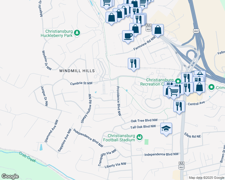 map of restaurants, bars, coffee shops, grocery stores, and more near 1640 Providence Boulevard Northwest in Christiansburg