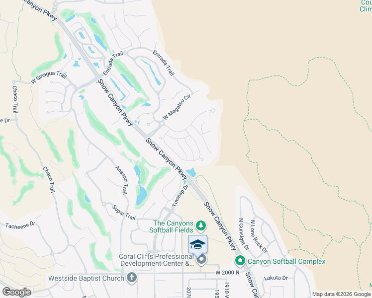 map of restaurants, bars, coffee shops, grocery stores, and more near Snow Canyon Parkway in Saint George