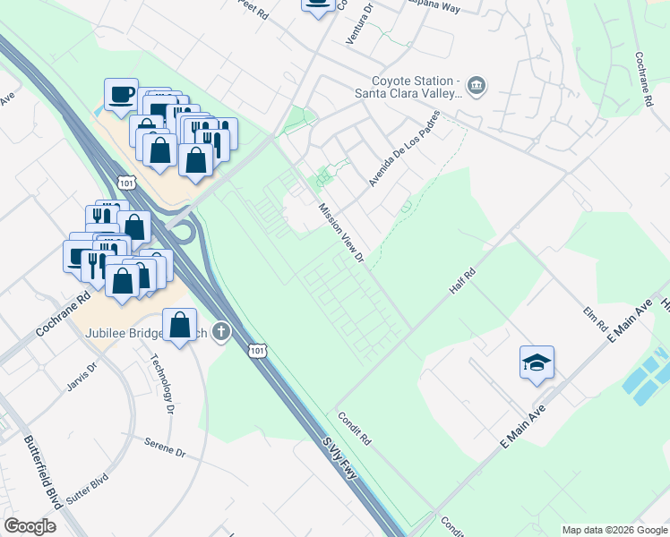 map of restaurants, bars, coffee shops, grocery stores, and more near 1253 Pueblo Lane in Morgan Hill