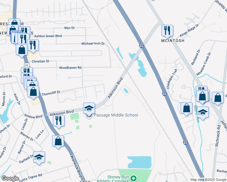 map of restaurants, bars, coffee shops, grocery stores, and more near 520 Mary Robert Lane in Newport News