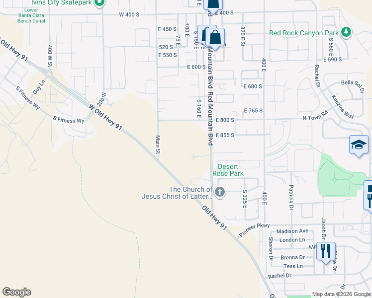 map of restaurants, bars, coffee shops, grocery stores, and more near 103 East Morning Glory Avenue in Ivins