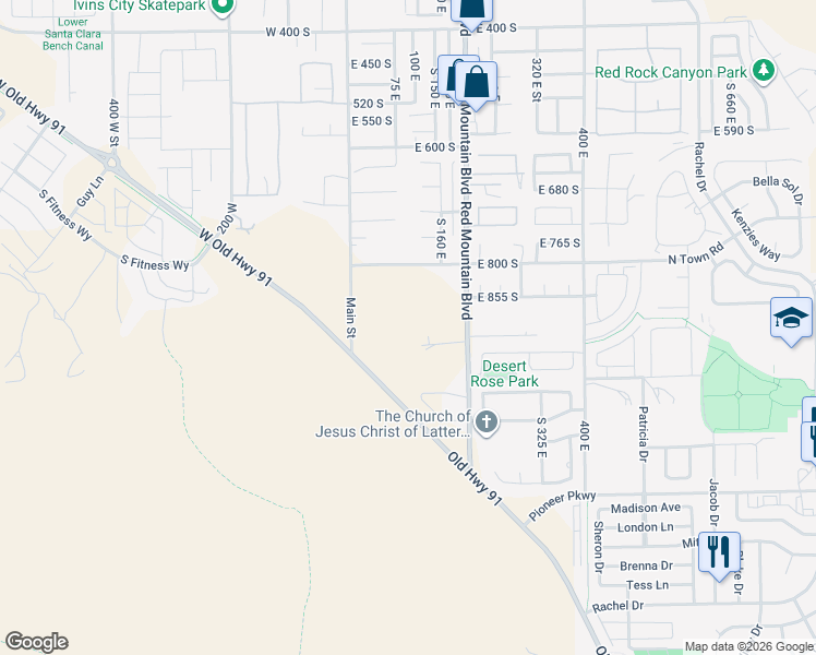 map of restaurants, bars, coffee shops, grocery stores, and more near 103 East Morning Glory Avenue in Ivins