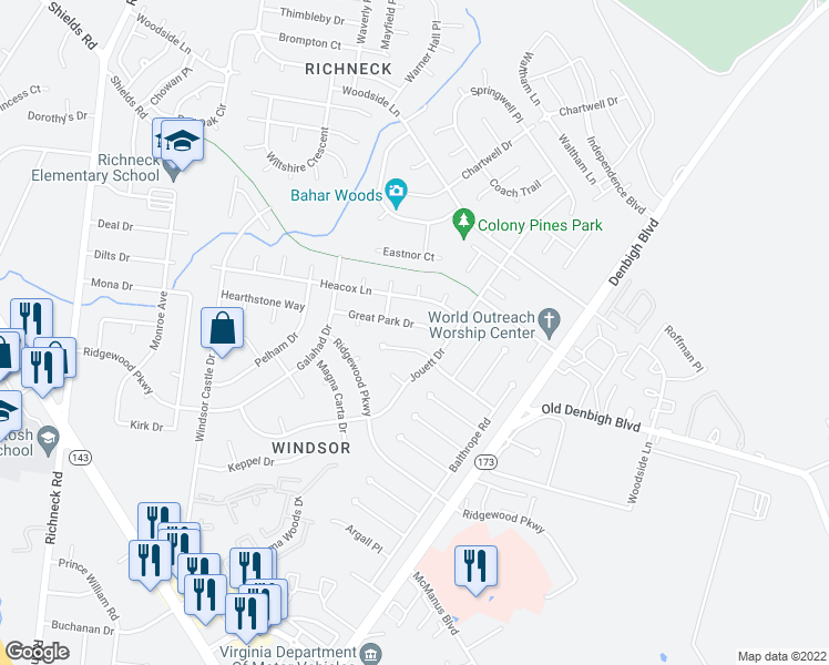 map of restaurants, bars, coffee shops, grocery stores, and more near 524 Great Park Drive in Newport News