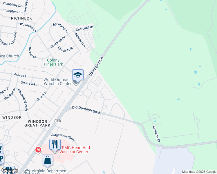map of restaurants, bars, coffee shops, grocery stores, and more near 38 Roffman Place in Newport News