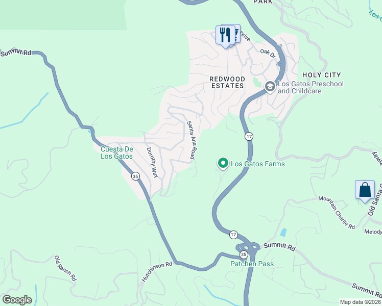 map of restaurants, bars, coffee shops, grocery stores, and more near 18175 Goebel Court in Los Gatos