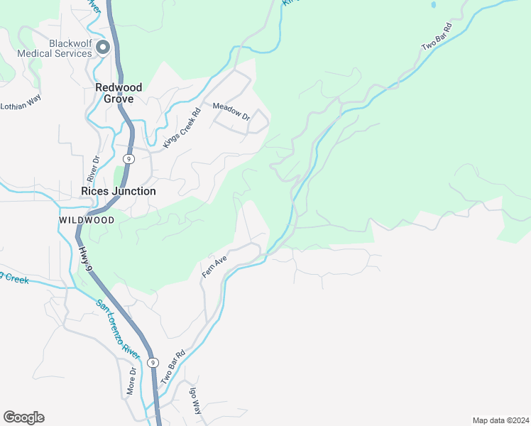 map of restaurants, bars, coffee shops, grocery stores, and more near 360 Rincon Way in Boulder Creek