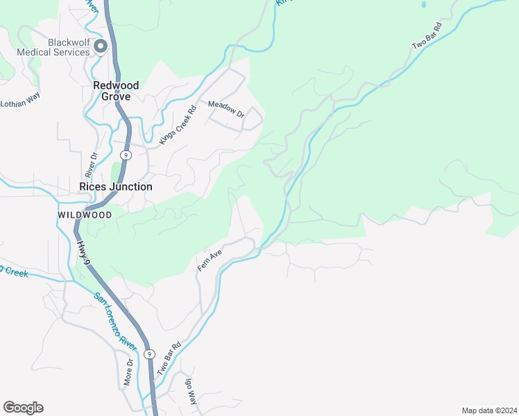 map of restaurants, bars, coffee shops, grocery stores, and more near 360 Rincon Way in Boulder Creek