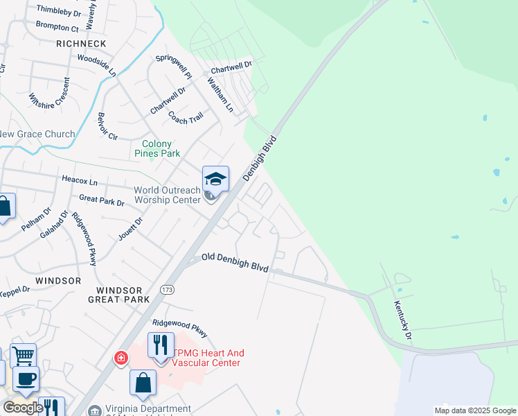 map of restaurants, bars, coffee shops, grocery stores, and more near 1201 Avondale Lane in Newport News