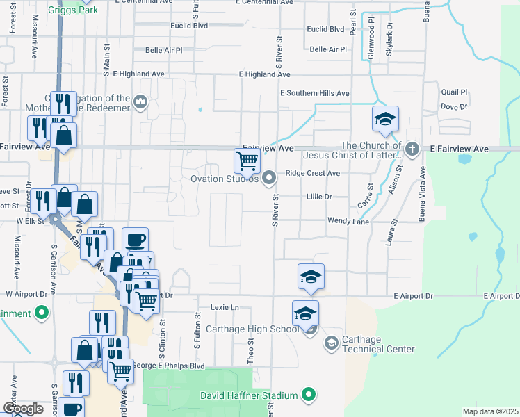 map of restaurants, bars, coffee shops, grocery stores, and more near 815 Wendy Lane in Carthage