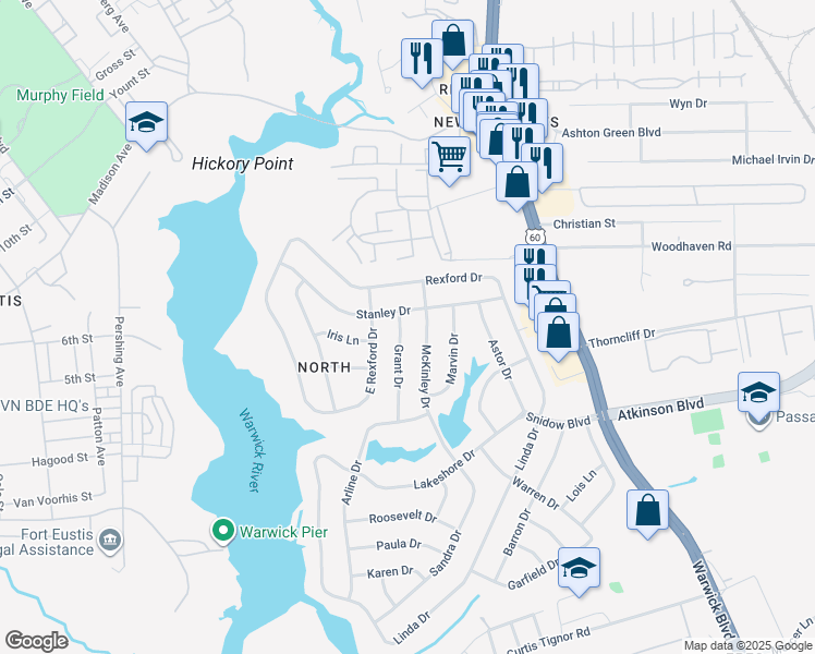 map of restaurants, bars, coffee shops, grocery stores, and more near 23 McKinley Drive in Newport News