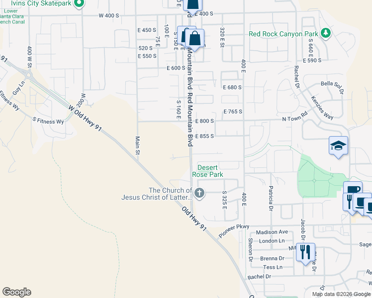 map of restaurants, bars, coffee shops, grocery stores, and more near 915 South 170 East in Ivins