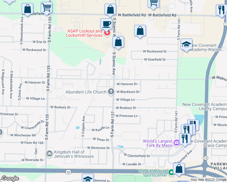 map of restaurants, bars, coffee shops, grocery stores, and more near 3449 South Scenic Avenue in Springfield