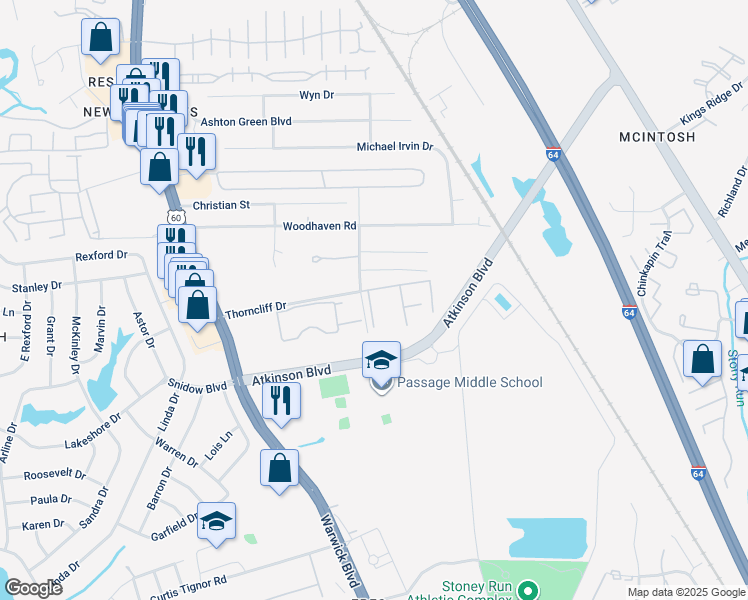 map of restaurants, bars, coffee shops, grocery stores, and more near 574 Candle Lane in Newport News
