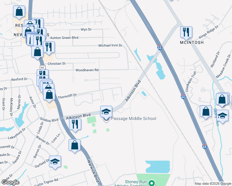 map of restaurants, bars, coffee shops, grocery stores, and more near 533 Rainbow Court in Newport News