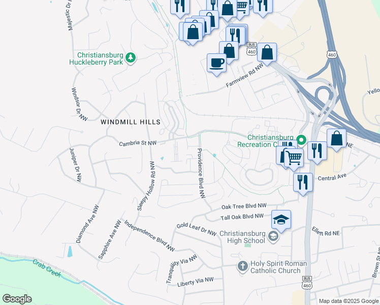 map of restaurants, bars, coffee shops, grocery stores, and more near 1640 Providence Boulevard Northwest in Christiansburg