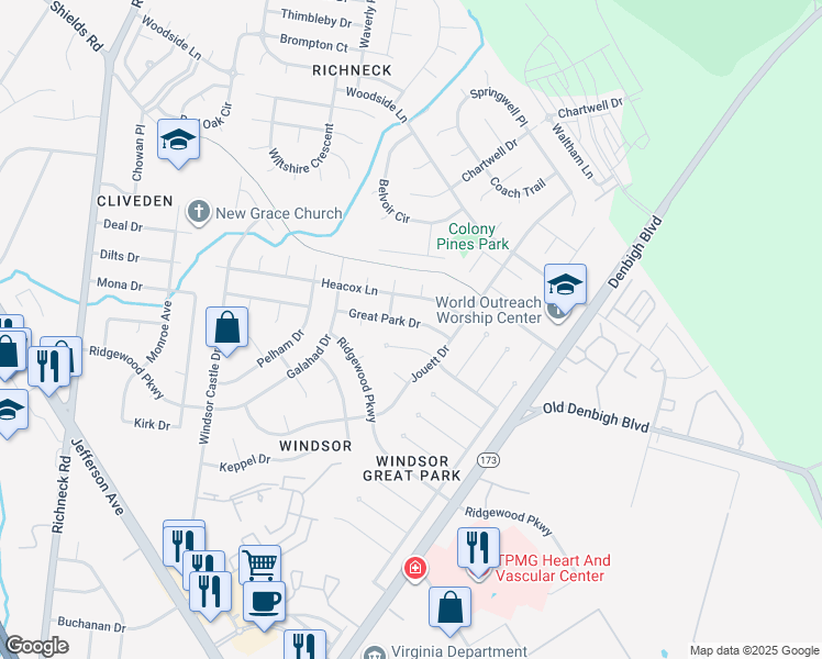 map of restaurants, bars, coffee shops, grocery stores, and more near 519 Great Park Drive in Newport News