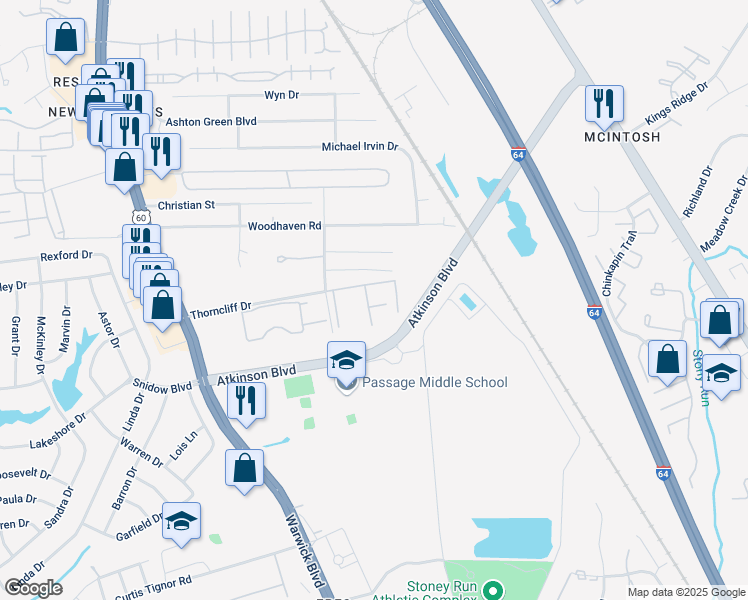 map of restaurants, bars, coffee shops, grocery stores, and more near 520 Thorncliff Drive in Newport News