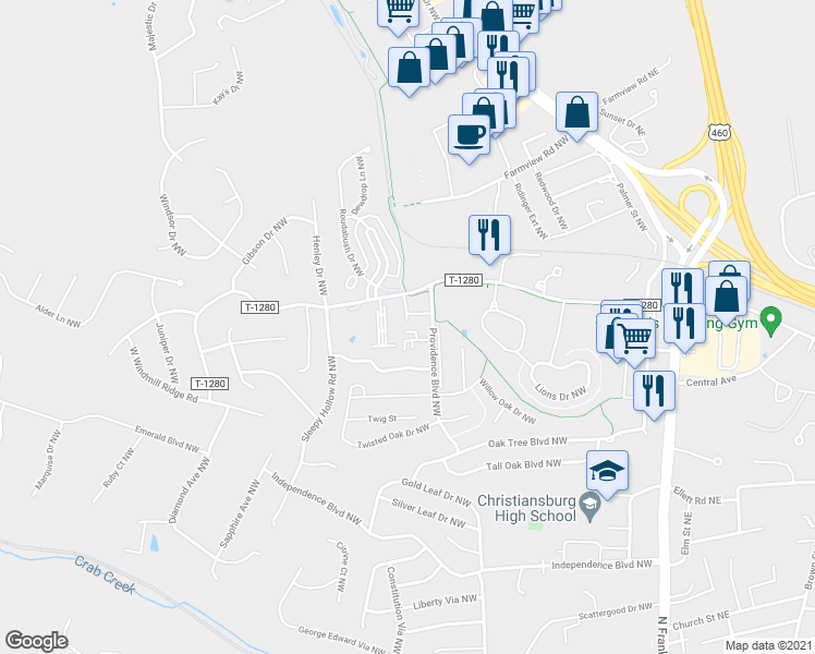 map of restaurants, bars, coffee shops, grocery stores, and more near 1640 Providence Boulevard Northwest in Christiansburg