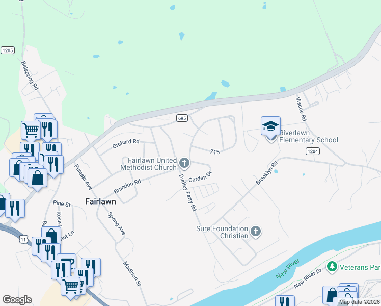 map of restaurants, bars, coffee shops, grocery stores, and more near 7613 715 in Fairlawn