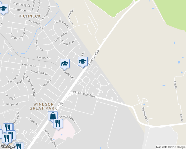 map of restaurants, bars, coffee shops, grocery stores, and more near 1203 Avondale Lane in Newport News