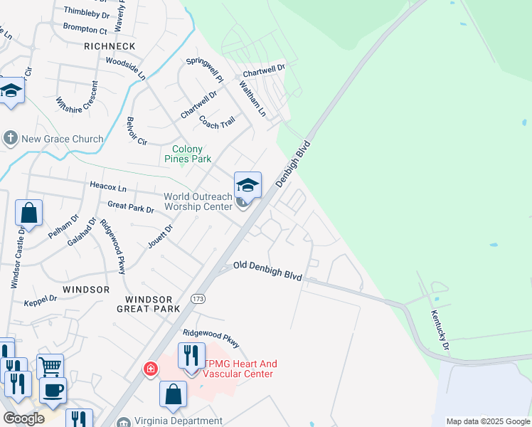 map of restaurants, bars, coffee shops, grocery stores, and more near 1221 Palmerton Drive in Newport News