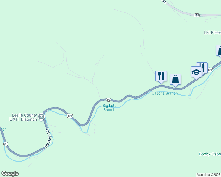 map of restaurants, bars, coffee shops, grocery stores, and more near 24030 U.S. 421 in Hyden