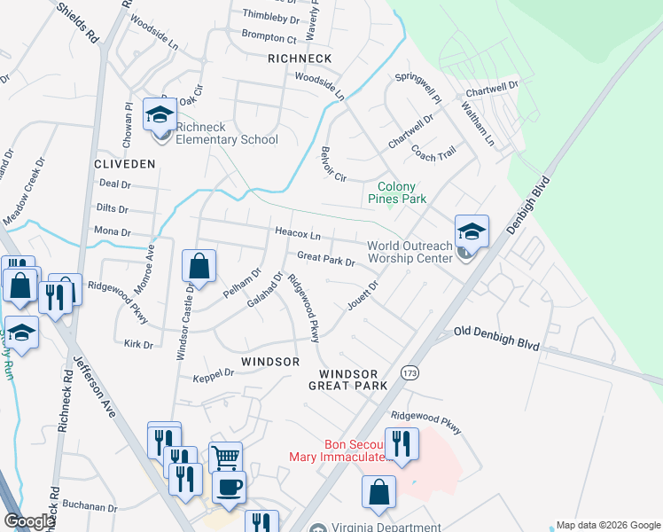 map of restaurants, bars, coffee shops, grocery stores, and more near 519 Great Park Drive in Newport News