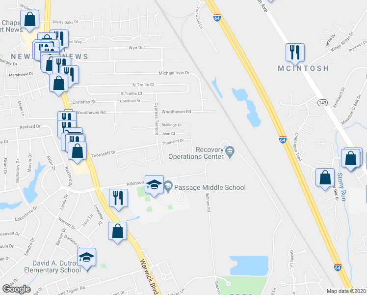 map of restaurants, bars, coffee shops, grocery stores, and more near 535 Rainbow Court in Newport News
