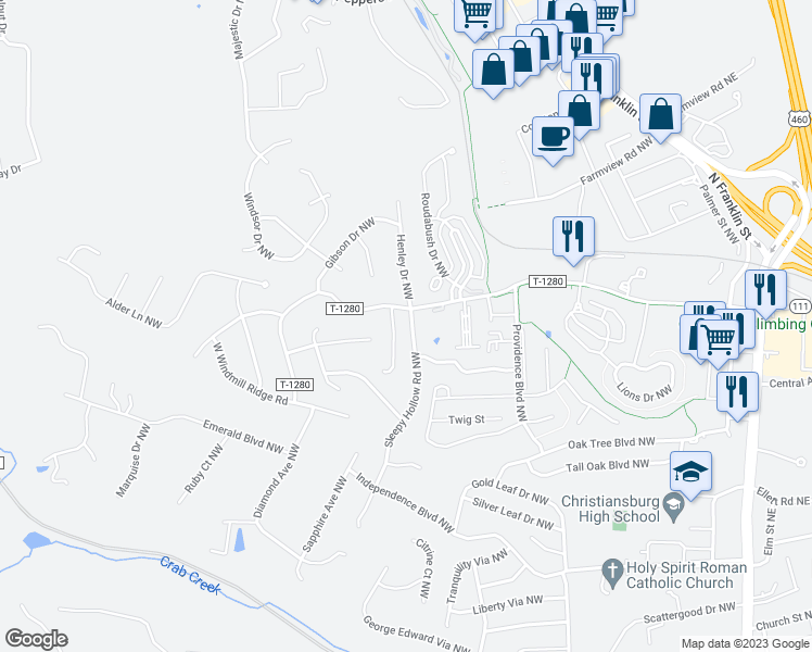 map of restaurants, bars, coffee shops, grocery stores, and more near 1680 Sleepy Hollow Road Northwest in Christiansburg