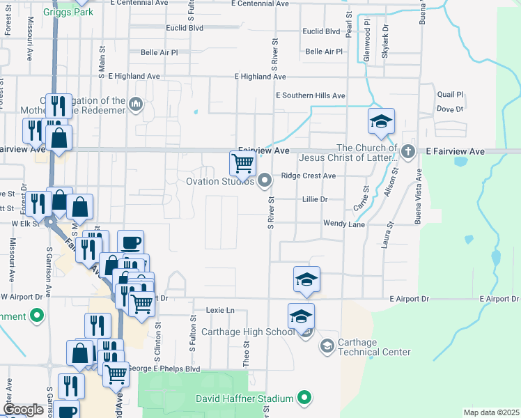 map of restaurants, bars, coffee shops, grocery stores, and more near 815 Wendy Lane in Carthage