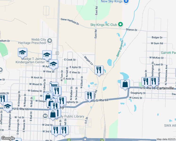 map of restaurants, bars, coffee shops, grocery stores, and more near 625 E Aylor St in Webb City