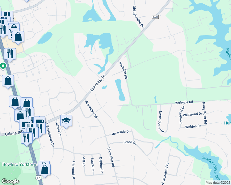 map of restaurants, bars, coffee shops, grocery stores, and more near 106 Stephanie Lane in Yorktown