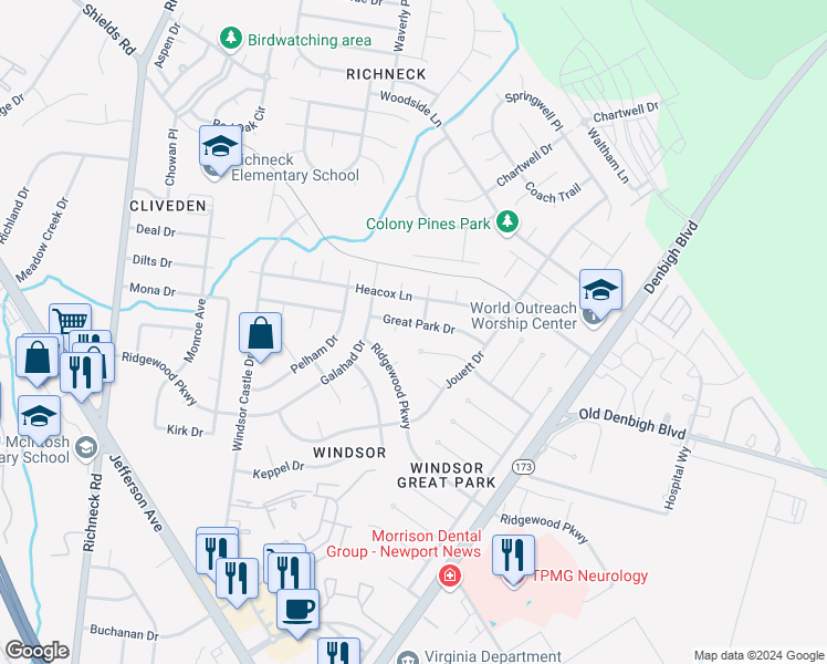 map of restaurants, bars, coffee shops, grocery stores, and more near 512 Great Park Drive in Newport News
