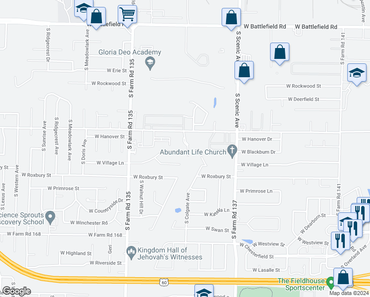 map of restaurants, bars, coffee shops, grocery stores, and more near 2895 West Village Lane in Springfield