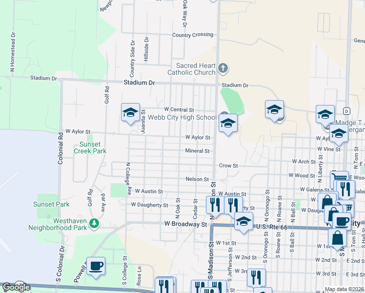 map of restaurants, bars, coffee shops, grocery stores, and more near 1201 Mineral Street in Webb City