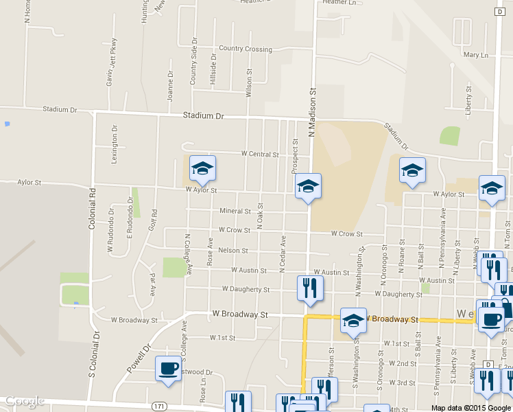 map of restaurants, bars, coffee shops, grocery stores, and more near 1201 Mineral Street in Webb City