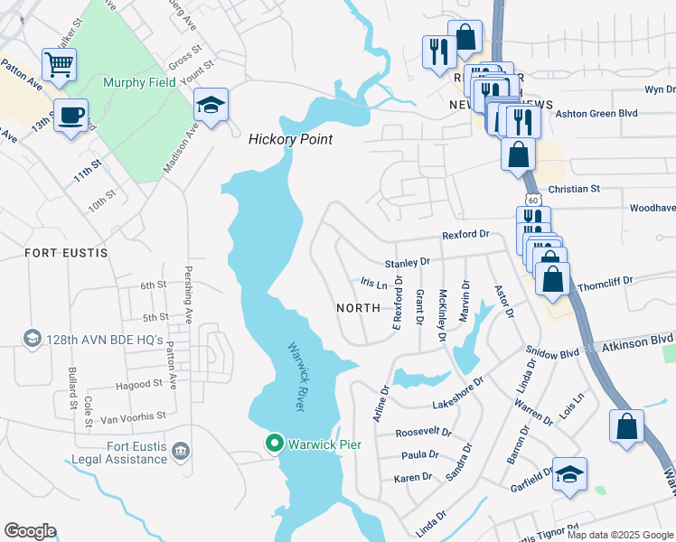 map of restaurants, bars, coffee shops, grocery stores, and more near 21 Cathy Drive in Newport News