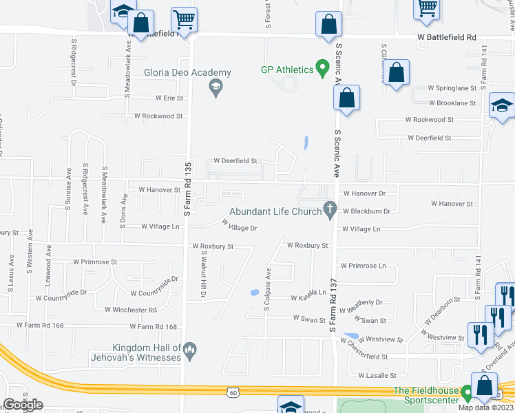 map of restaurants, bars, coffee shops, grocery stores, and more near 2915 West Village Lane in Springfield