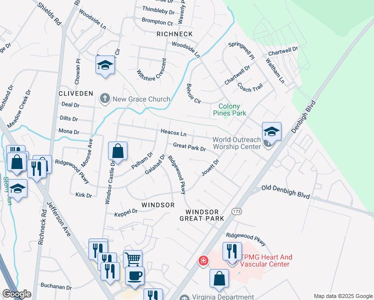 map of restaurants, bars, coffee shops, grocery stores, and more near 512 Great Park Drive in Newport News