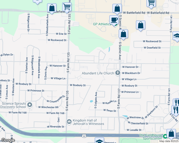 map of restaurants, bars, coffee shops, grocery stores, and more near 2927 West Village Lane in Springfield