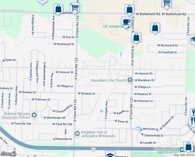 map of restaurants, bars, coffee shops, grocery stores, and more near 2927 West Village Lane in Springfield