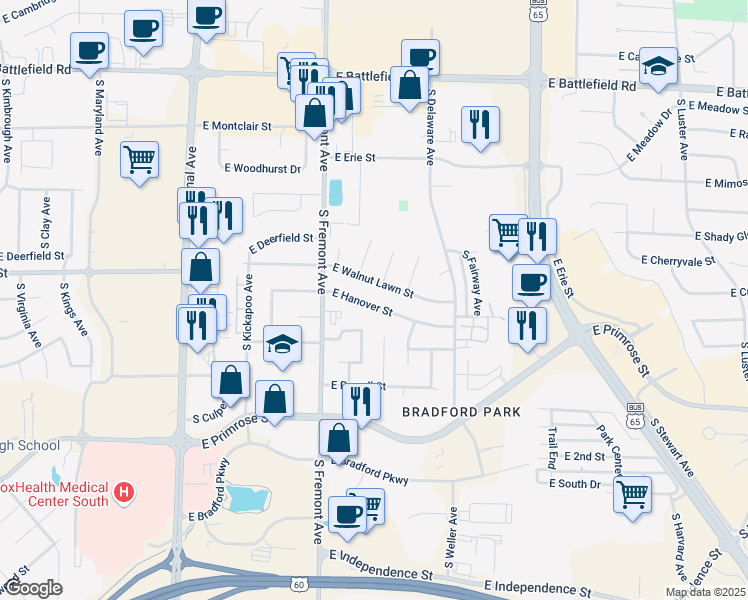 map of restaurants, bars, coffee shops, grocery stores, and more near 1521 East Hanover Street in Springfield