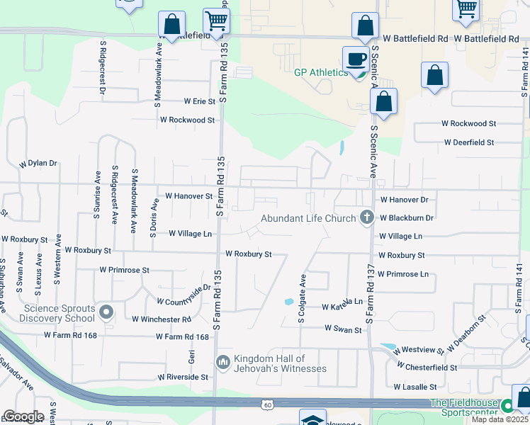 map of restaurants, bars, coffee shops, grocery stores, and more near 2971 West Village Lane in Springfield